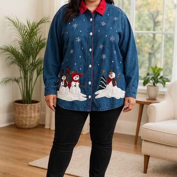 VTGE 90'S Denim Snowman Embroidered Shirt with Red Collar size XXL - Picture 1 of 8
